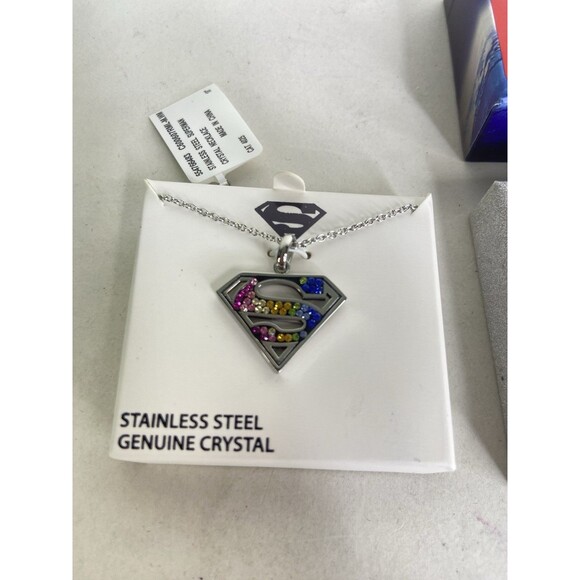 DC Comics Superman Supergirl Pendant Necklace Stainless Steel Genuine Crystal - Picture 1 of 7